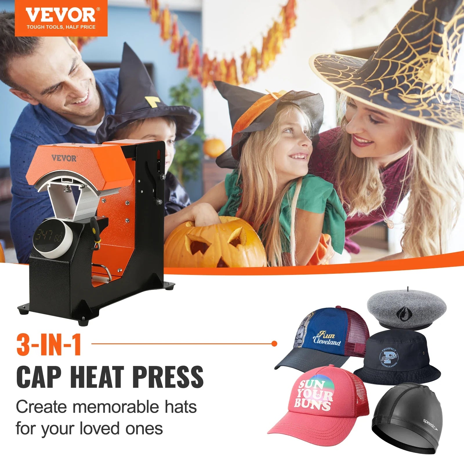 VEVOR 3-in-1 Auto Hat Cap Heat Press Machine 6.4x3.5in Press Knob Clamshell Sublimation Transfer w/ 3pcs Replaceable Heating Pad