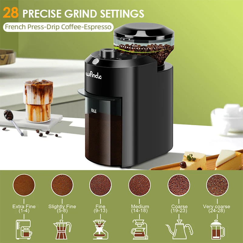 Wancle Electric Burr Coffee Grinder Adjustable Burr Mill Conical Coffee Bean Grinding with 28 Precise Grind Setting 220V/120V