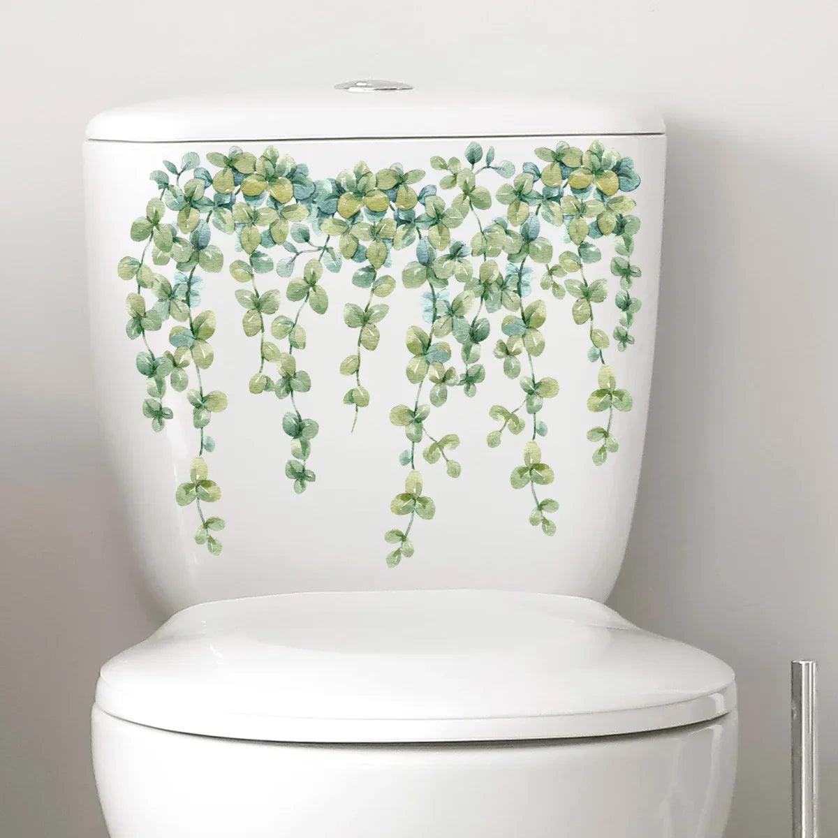 Green Plant Leaves Bathroom Wall Sticker: Waterproof Floral Home Decor  ourlum.com   