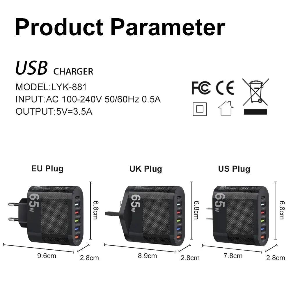 5-Port USB Wall Charger with PD Fast Charging for Xiaomi iPhone 13 Samsung - QC 3.0 Plug Adapter  ourlum.com   