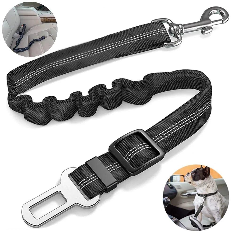 Adjustable Reflective Nylon Dog Car Seat Belt for Small and Large Pets - Safe Travel Harness with Elastic Lead and Zinc Alloy Swivel Snap  ourlum.com   