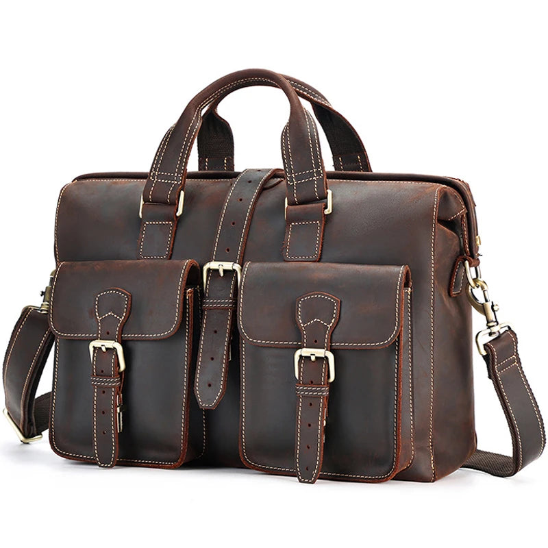 Classic Vintage Leather Briefcase for Men - 15.6" Laptop Messenger Shoulder Bag for Business and Travel