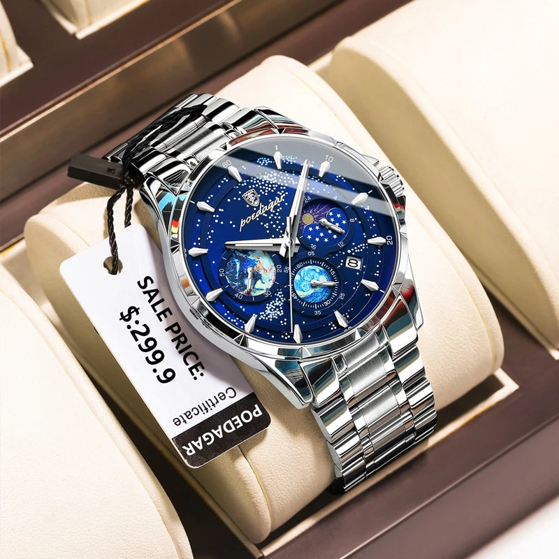 Luxury Starry Sky Chronograph Quartz Watch for Men by POEDAGAR - Stylish Waterproof Luminous Wristwatch  OurLum.com   