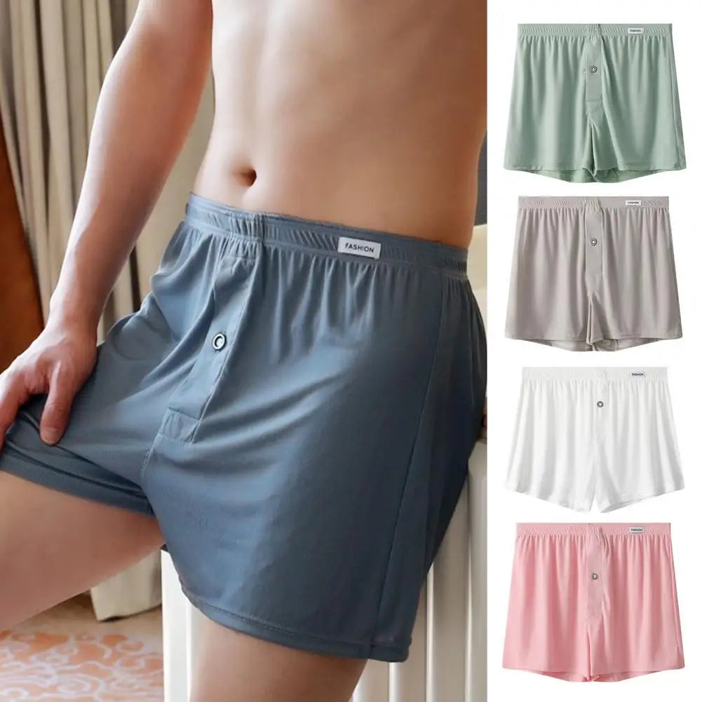 Men Boxer Underwear Elastic Waist Mid-rise Shorts Briefs Solid Color Wide Loose Fit Button Fly Ice Silk Thin Panties 남성 스퀘어 팬티