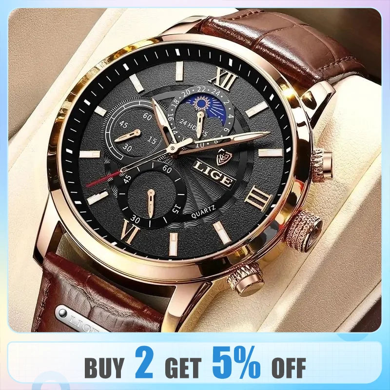 LIGE Men's Leather Chronograph Watch: Luxury Timepiece for Him or Her  ourlum.com   