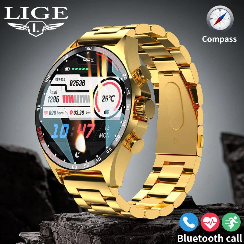 Golden Porsche LIGE 2024 Smartwatch with Compass and NFC Bluetooth - Stylish Men's Digital Wristwatch for Outdoor Sports and Calls  OurLum.com   