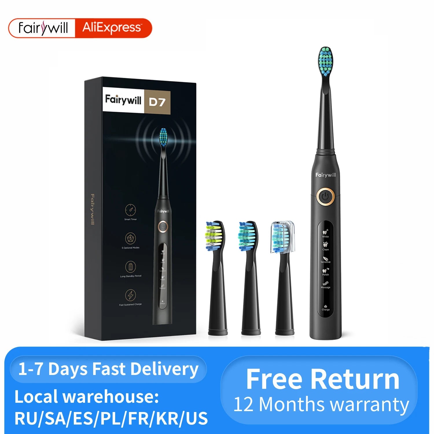 Fairywill 507 Sonic Electric Toothbrush - Rechargeable, Waterproof, 5 Modes