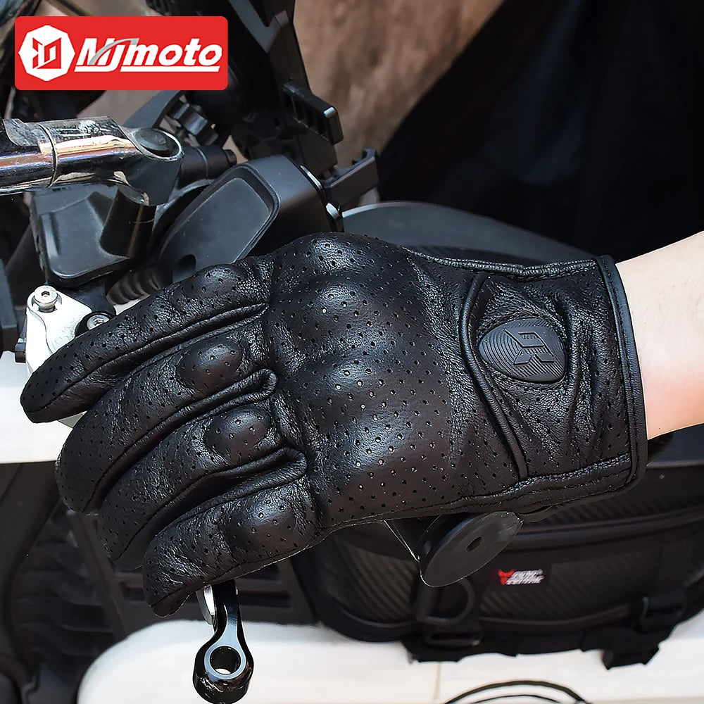 Vintage Black Leather Motorcycle Gloves Summer Men Motorbike Racing Gloves Breathable Anti-slip Retro Moto Biker Cycling Gloves