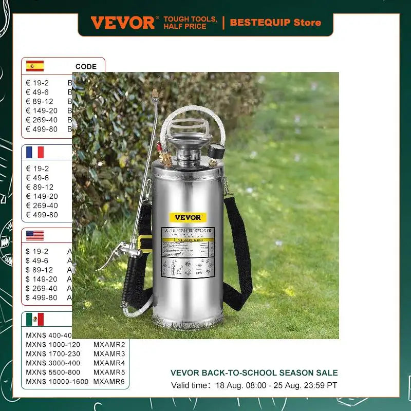 VEVOR Stainless Steel Hand Pump Sprayer for Garden and Home Cleaning - 4L to 12L Capacity Options