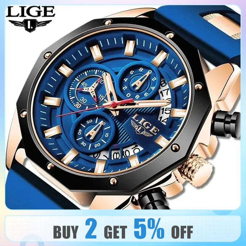 LIGE Men's Waterproof Chronograph Sport Watch: Fashion Silicone Wristwatch  ourlum.com   