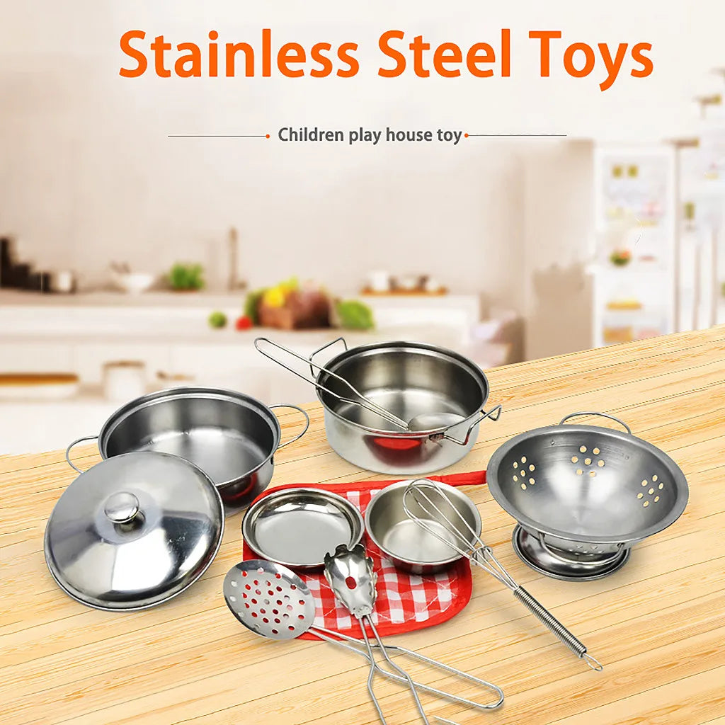 Kids Stainless Steel Cooking Toy Set - 10 Pcs Kitchen Pretend Play Cookware for Toddlers