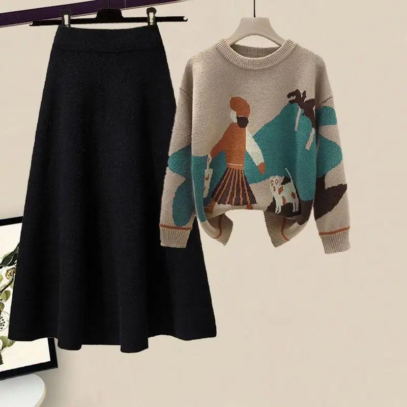 2023 Winter Cartoon Print Knit Sweater & Skirt Set for Women's Party Chic  ourlum.com 2pcs set 03 2XL 65-72.5KG 