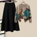 Winter Cartoon Print Knit Sweater & Skirt Set Chic Party