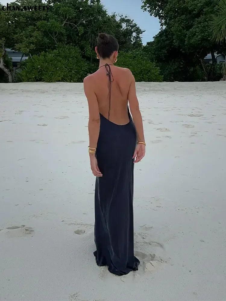 Sultry Lace-Up Backless Maxi Dress with Swinging Collar  ourlum.com   