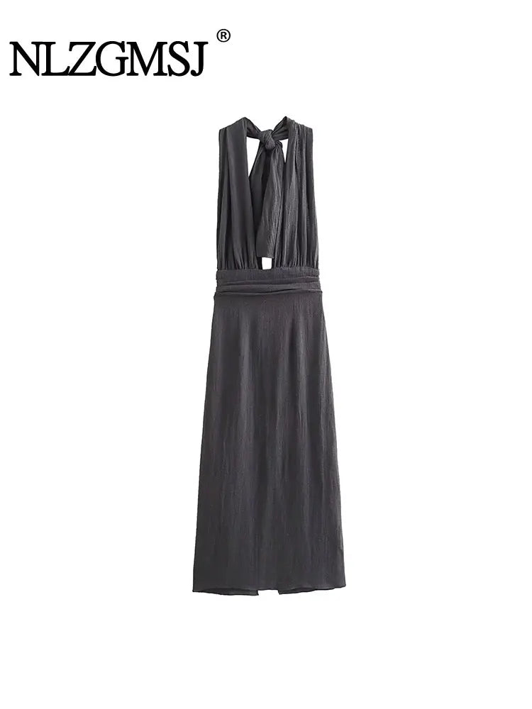 Nlzgmsj TRAF Women's Elegant V-Neck Halter Midi Dress  ourlum.com   