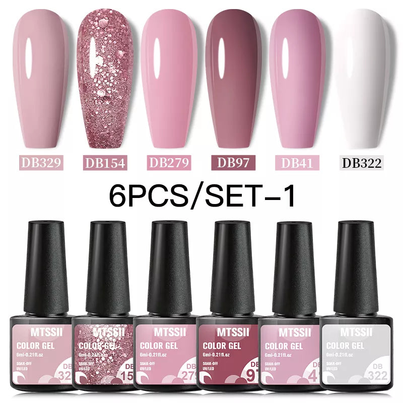 6PCS Nail Polish Set Nude Pink Glitter Gel Varnishes Kit Soak Off UV LED Gel Semi Permanent Nail Art Base Gel Top Coat Set  ourlum.com   