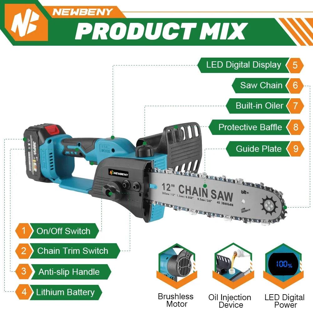 12 Inch Brushless Electric Saw With Oiler Cordless Portable Garden Woodworking Cutting Tool Machine For Makita 18V Battery  ourlum.com   