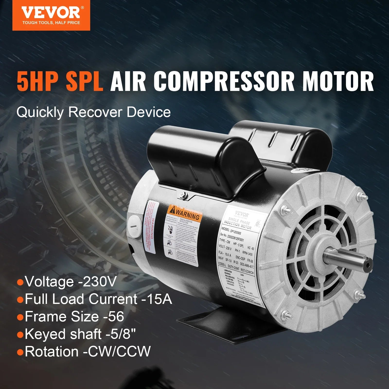 VEVOR Electric Air Compressor Motor 230V 15.0Amps 3450RPM 5/8" Keyed Shaft CW/CCW Rotation Single Phase Motor for Air Compressor