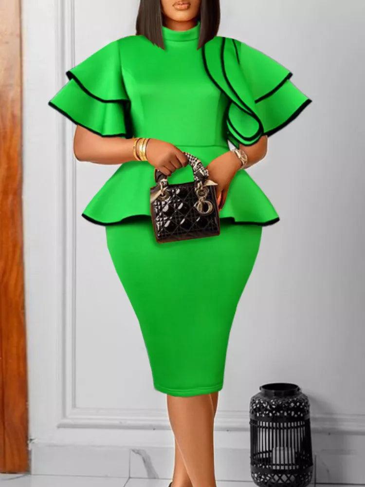 Elegant High Neck Peplum Christmas Party Dress with Ruffles  OurLum.com green L 