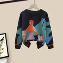 Winter Cartoon Print Knit Sweater & Skirt Set Chic Party