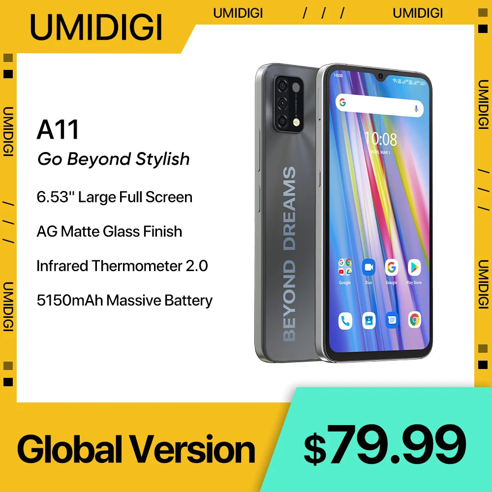 [In Stock] UMIDIGI A11 Global Version Android 11 Smartphone Helio G25 64GB 128GB 6.53" HD+ 16MP Triple Camera 5150mAh Cellphone