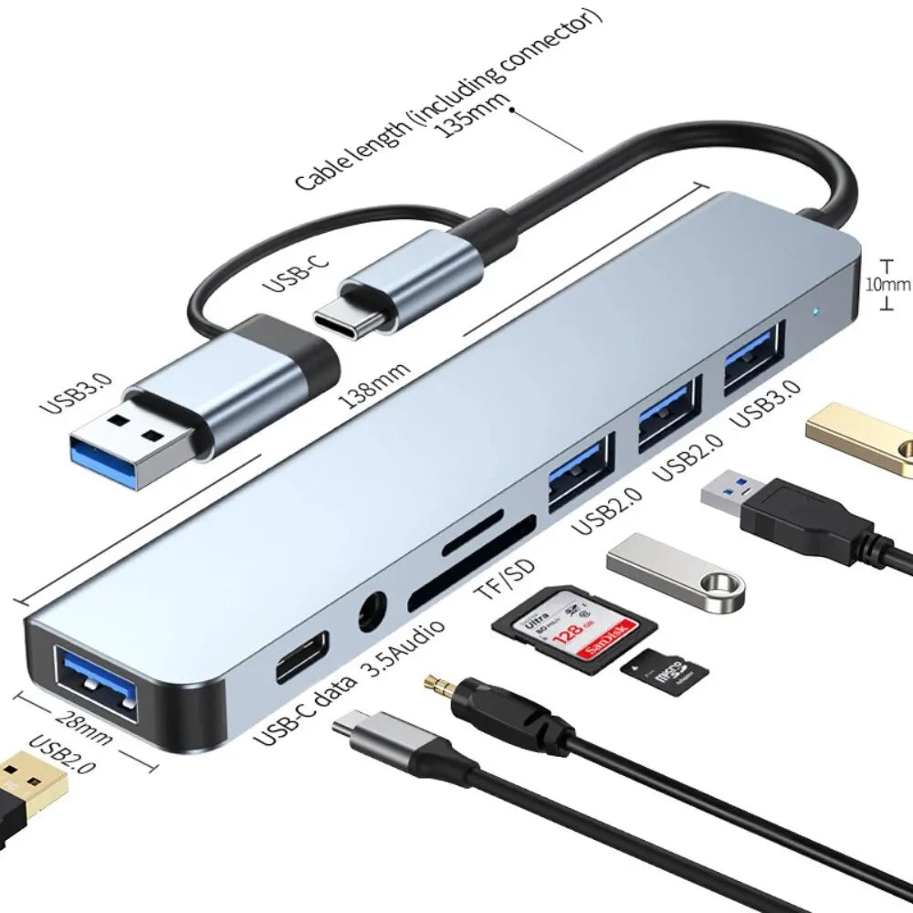 USB C Hub USB Splitter 8 in 2 USB Extender with 4 USB Port 1 USBC Port TF/SD Card Reader Audio Output Compatible with MacBook