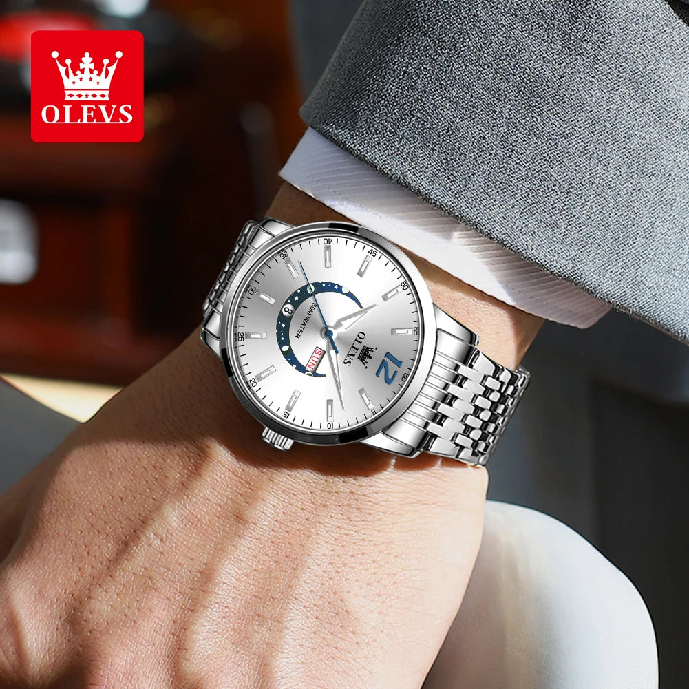 Stylish OLEVS Men's Quartz Watch with Crescent Shaped Dial - Water Resistant Stainless Steel Timepiece  OurLum.com   