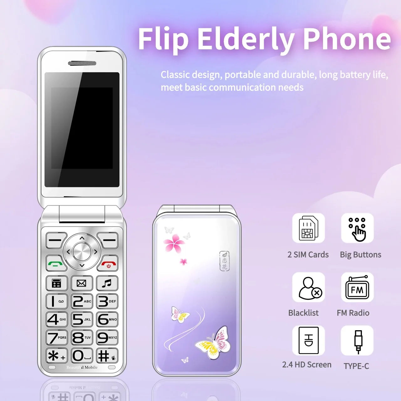 Mafam Women Flip Mobile Phone Hand Writing Touch Display Slim Flashlight Cute Cover Style Dual Sim Big Push Button Cellphone