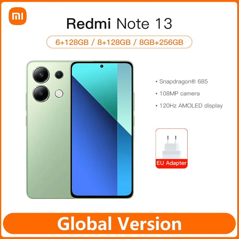New Xiaomi Redmi Note 13 Smartphone Global Version Snapdragon 685 CPU 6.67" AMOLED display 108MP Camera 33W fast charge 5000mAh