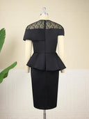 Elegant Black Lace Peplum Midi Dress with O-Neck for Women - Summer Wedding Guest Gown  OurLum.com   