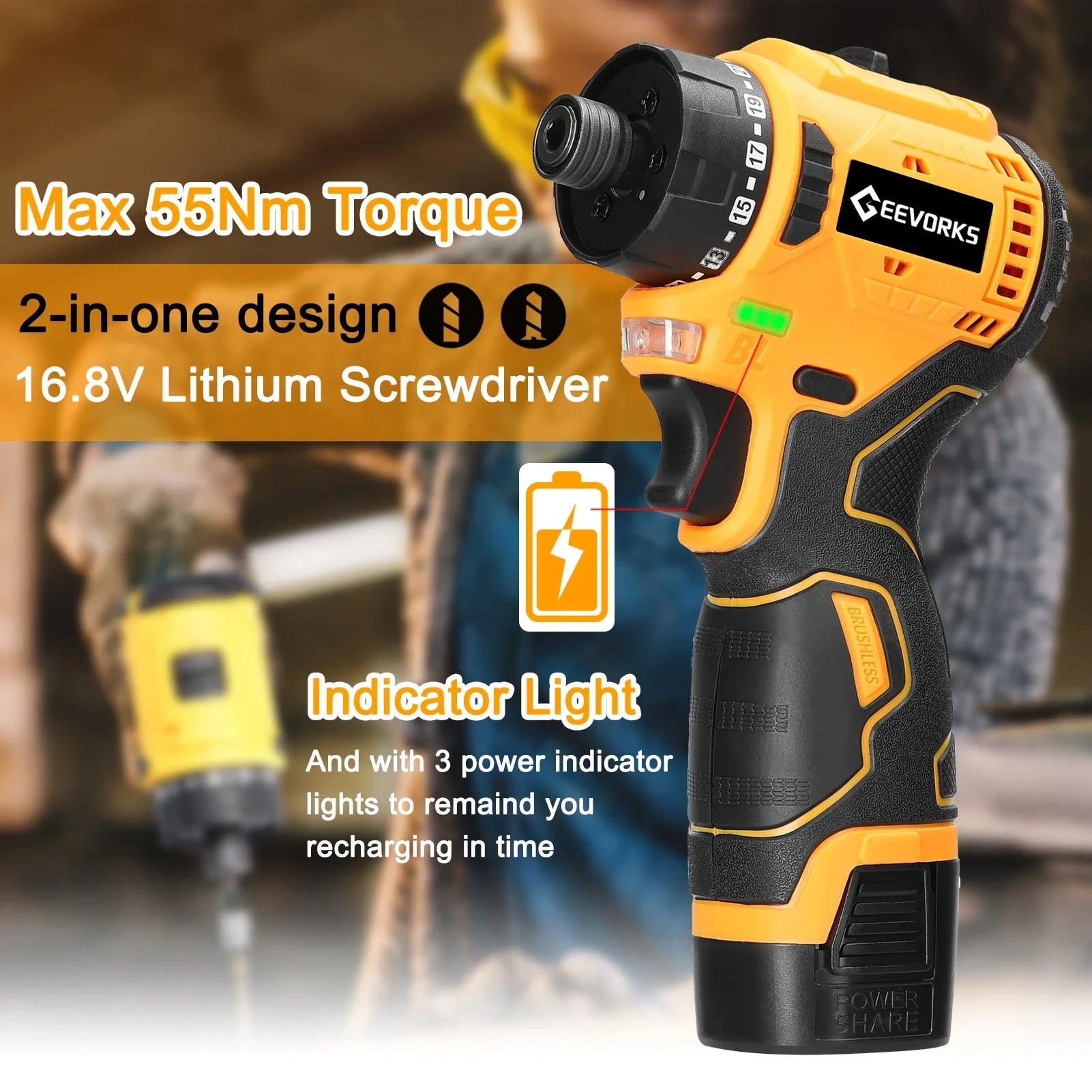 Brushless Li-ion Electric Screwdriver 55Nm Torque 16.8V Multifunctional Repairing Tool Kit Electric Screw Driver 2 Speed Control  ourlum.com   