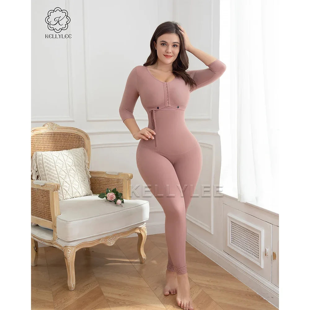 Women's Long Sleeved Full Body Shaperwear Elastic Postpartum & Post Surgery Bodysuits with Side Zipper Front Breasted Girdles