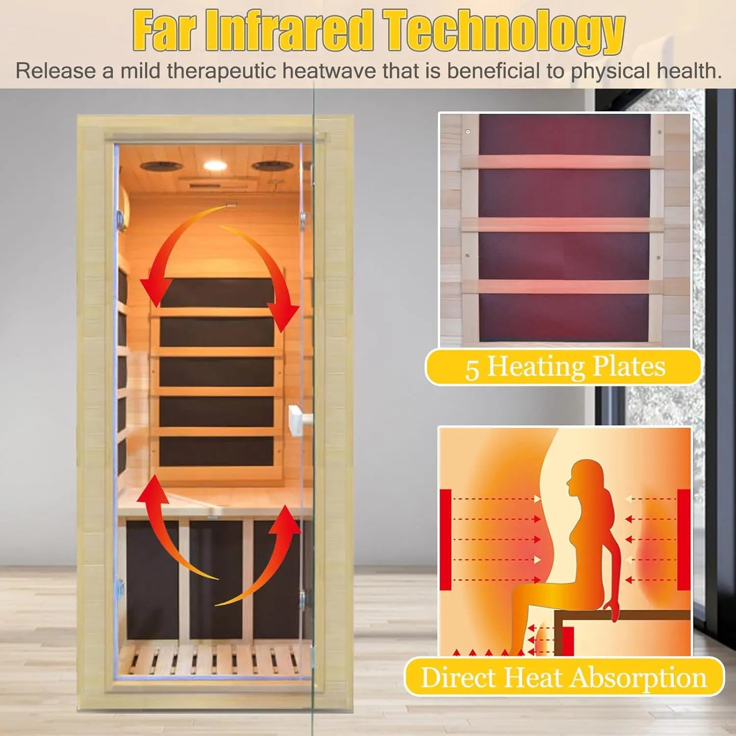 Compact Hemlock Wood 1200W Far Infrared Indoor Mini Sauna with 5 Heating Panels