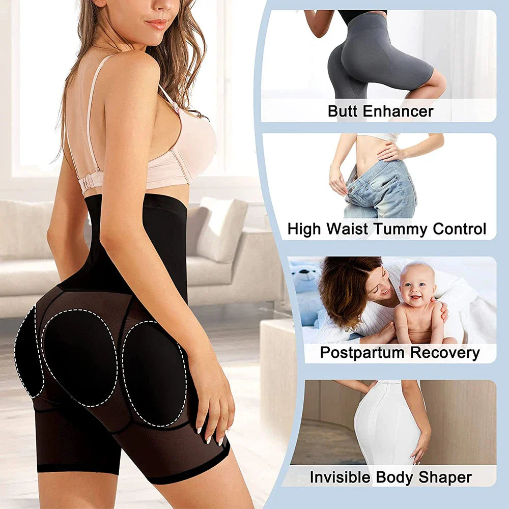 High Waist Padded Butt Lifter Shorts - Tummy Control Shapewear for Women