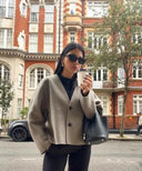 Chic Wool V Neck Coat 2023 Autumn Lady Office Street Outerwear  ourlum.com Khaki S 