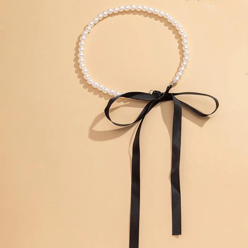 Elegant Black Ribbon Choker Necklace with White Imitation Pearls - Sophisticated Wedding and Party Jewelry  ourlum.com   