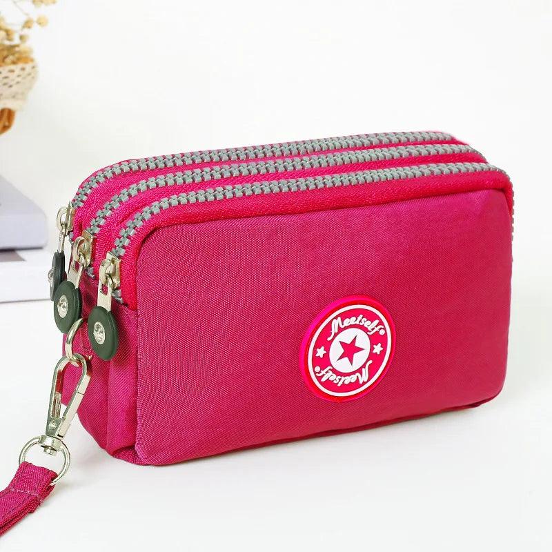 Stylish Three-Layer Zipper Handbag with Phone Pocket  ourlum.com Red  