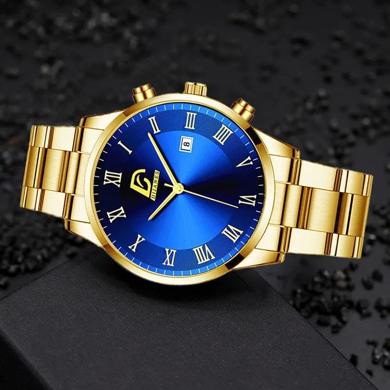 Gold Stainless Steel Men's Quartz Calendar Watch: Luxury Timepiece  ourlum.com   