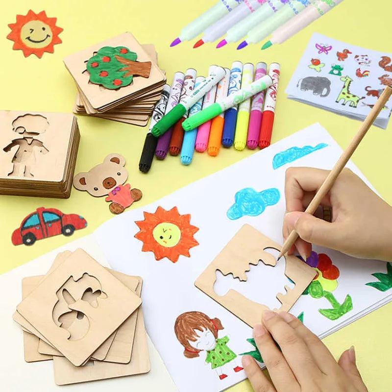 Montessori Kids Wooden Painting Stencils Set: Creative Educational Toy for Children  ourlum.com   