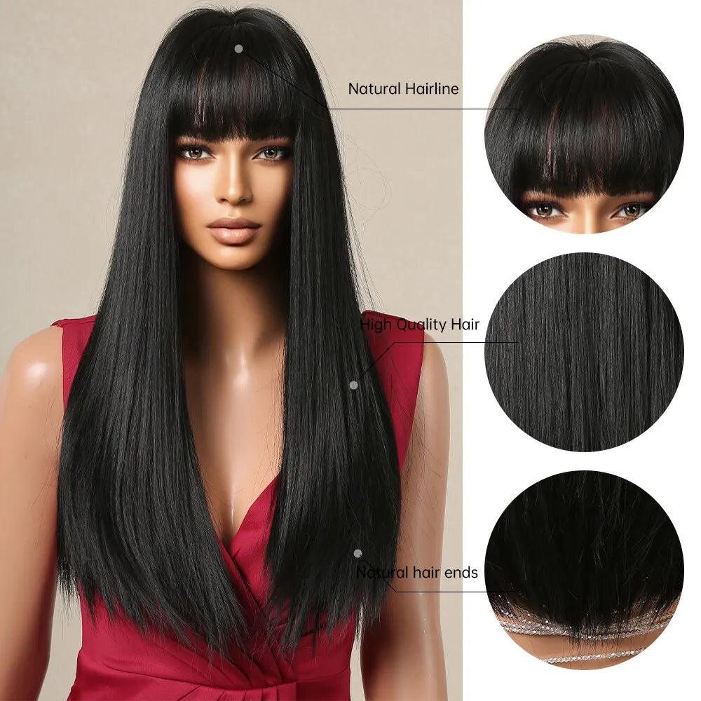 Sleek Black Long Wig for Women - Natural Straight Synthetic Hair for Daily Wear, Cosplay, and Heat Styling  ourlum.com   