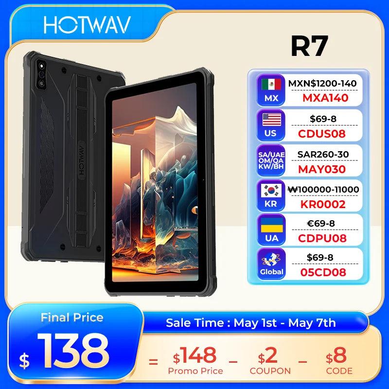 2024 HOTWAV R7 Rugged Tablet with 10.1'' HD Display, 15600mAh Battery, 12GB RAM, and 256GB Storage - IP68 Waterproof, Android 13, Global 4G Connectivity