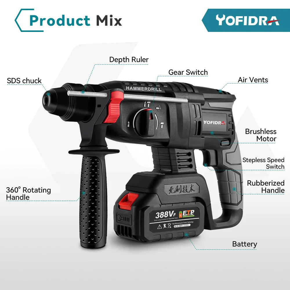 Yofidra 26mm Brushless Electric Hammer Electric Pick Impact Drill Multi-function Cordless Rotary Tool For Makita 18V Battery  ourlum.com   