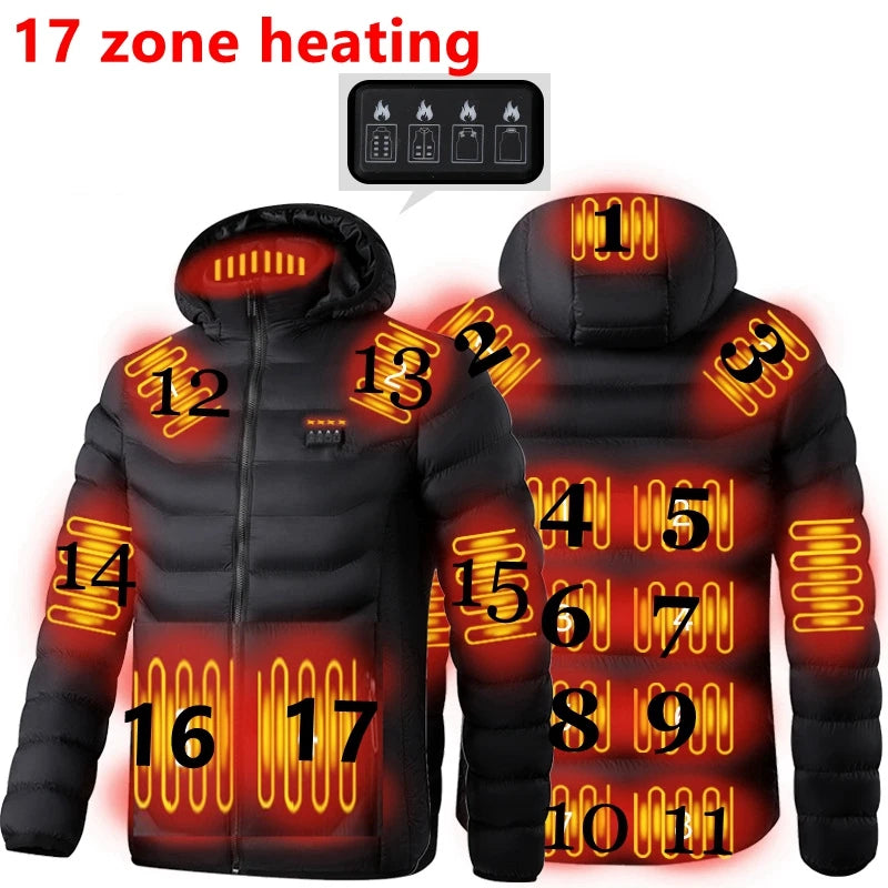 17 PCS heating Men Winter Warm USB Heating Jackets Smart Thermostat Pure Color Hooded Heated Clothing Waterproof  Warm Jackets