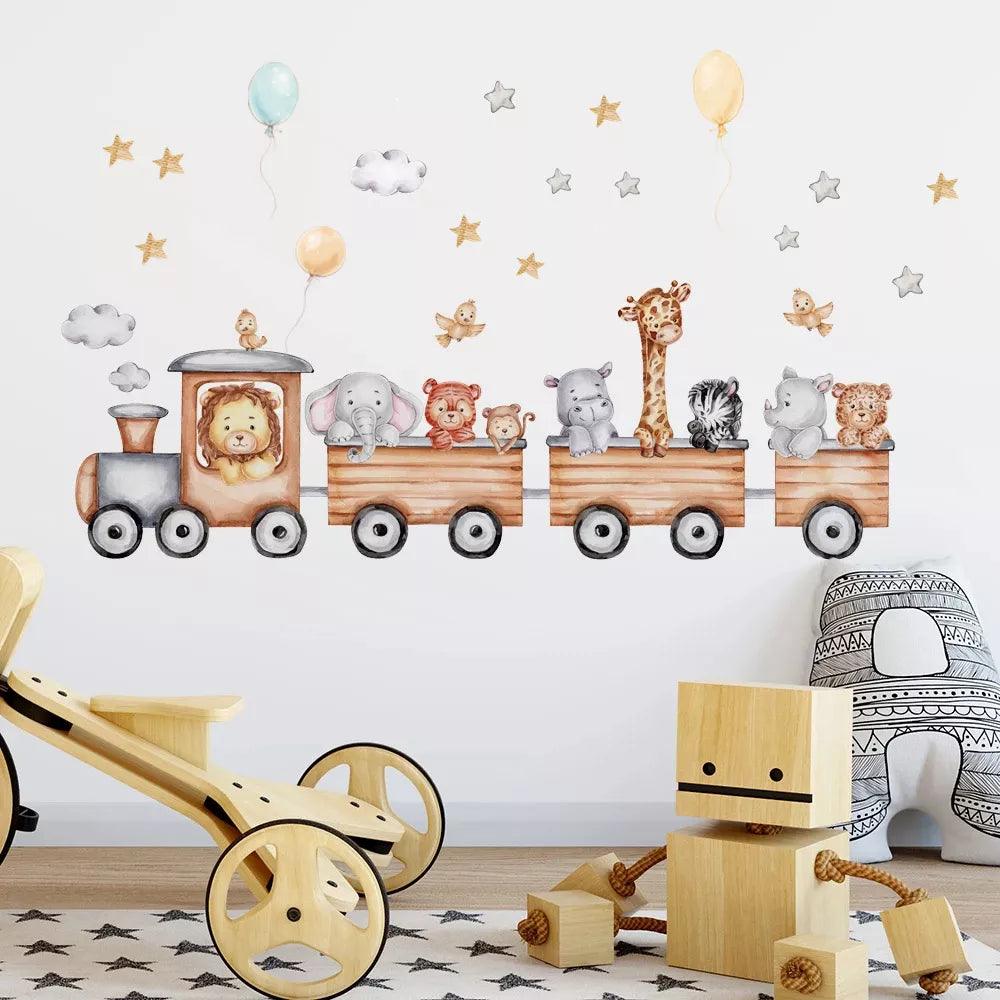 Whimsical Nordic Animals Wall Decals: Kids Room Decoration Giraffe Elephant Train Birds Star  ourlum.com   