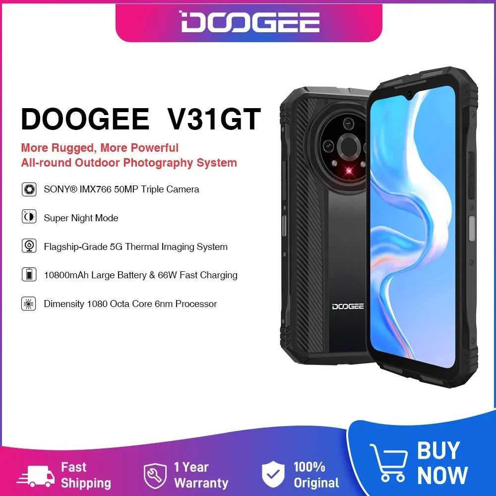 DOOGEE V31GT 6.58" FHD 120Hz IPS Display 5G Thermal Imaging System Dimensity 1080 Octa Core 12GB RAM+256GB ROM 10800mAh Battery