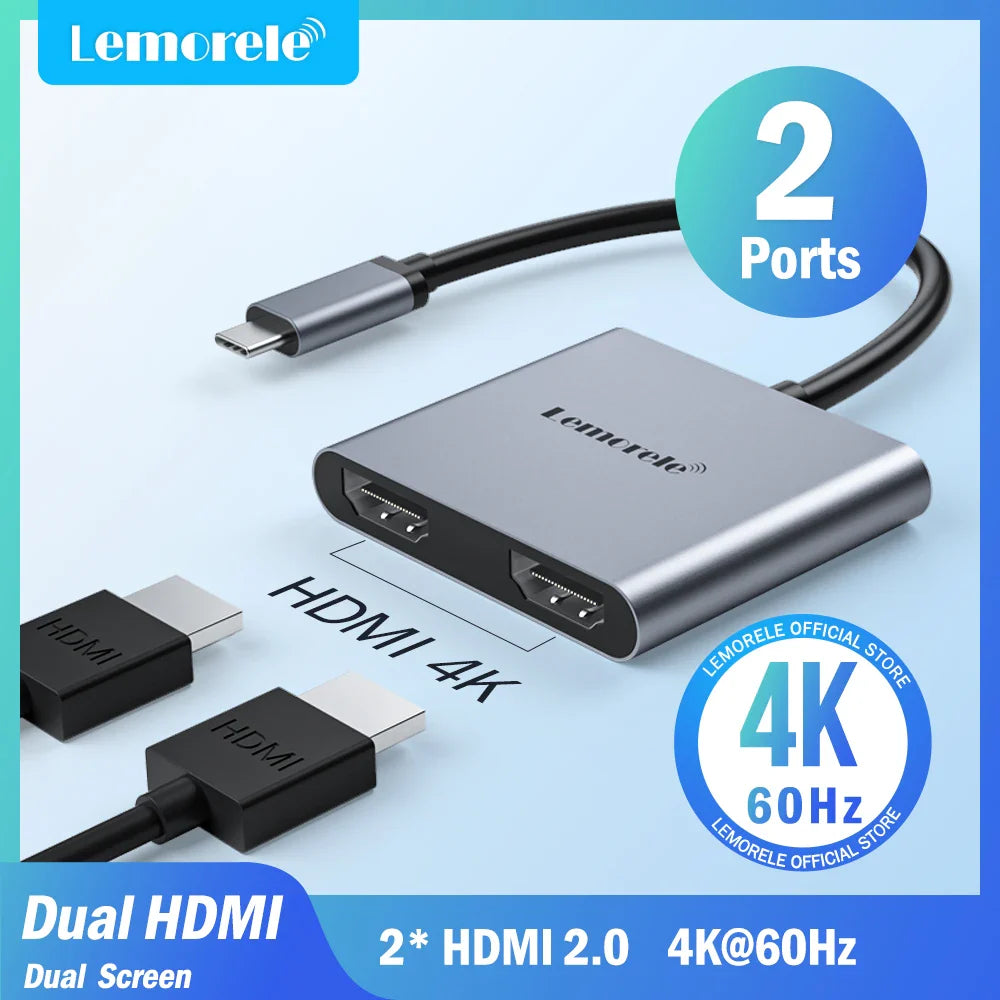 Lemorele 2 Port USB C Hub to Dual HDMI 4K 60HZ Dual Screen Expansion Type C Docking Station For Macbook Laptop Mobile Phone PC  ourlum.com   