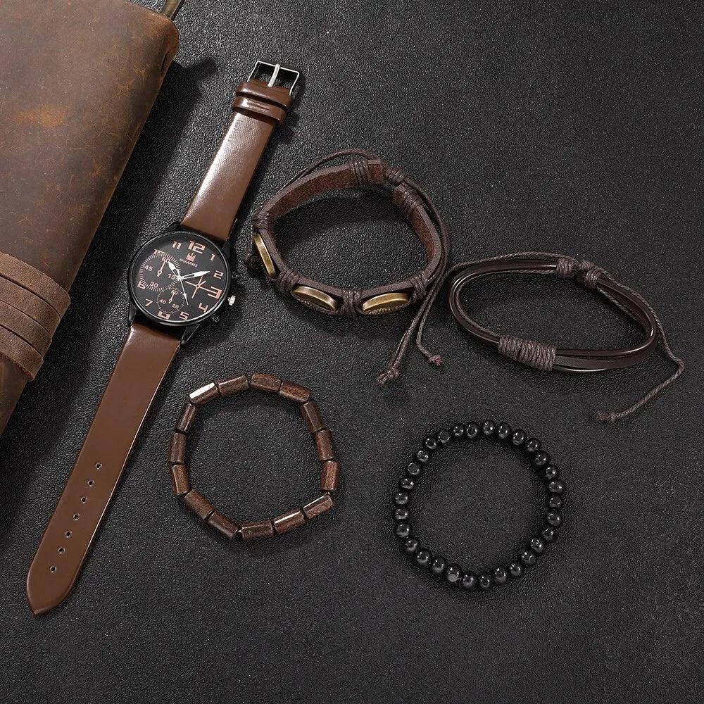 Retro Sports Quartz Watches Set with Brown Leather - Vintage Style  ourlum.com   