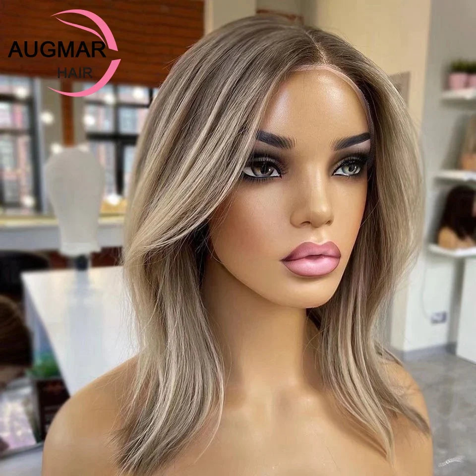 Brown Highlight 360 Lace Frontal Wig - Short Wavy Ash Blonde Human Hair Wig for Women