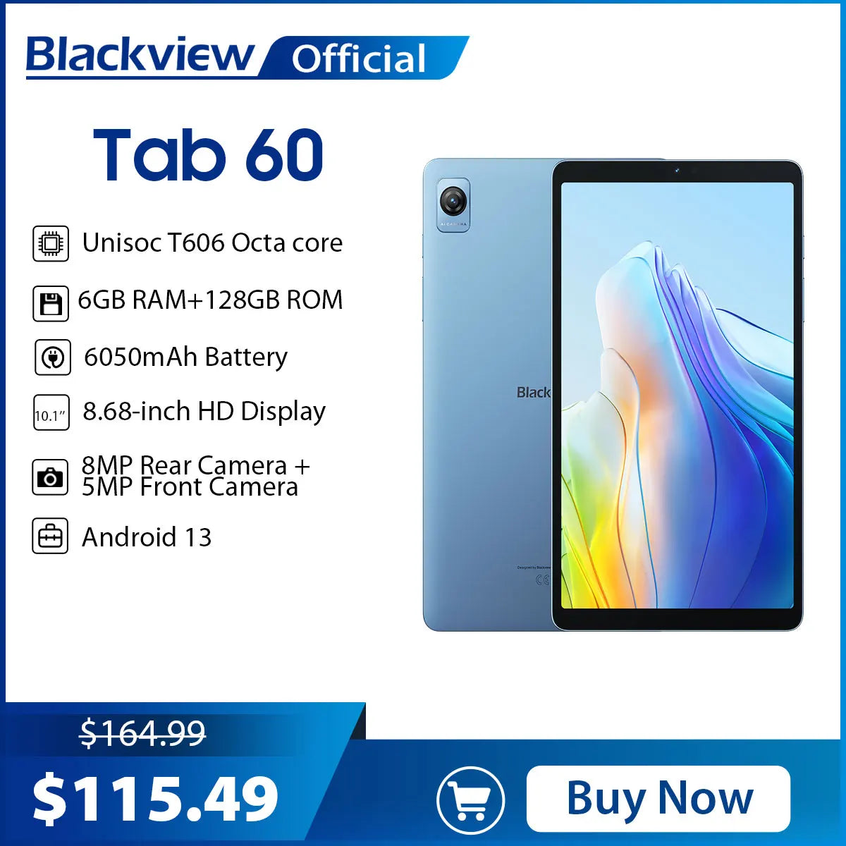 Blackview Tab 60 Android 13 Tablet 6GB 128GB 8.68inch T606 Octa Core 6050mAh Battery 2.4G/5G WiFi 8MP Rear Camera 4G tablets PC