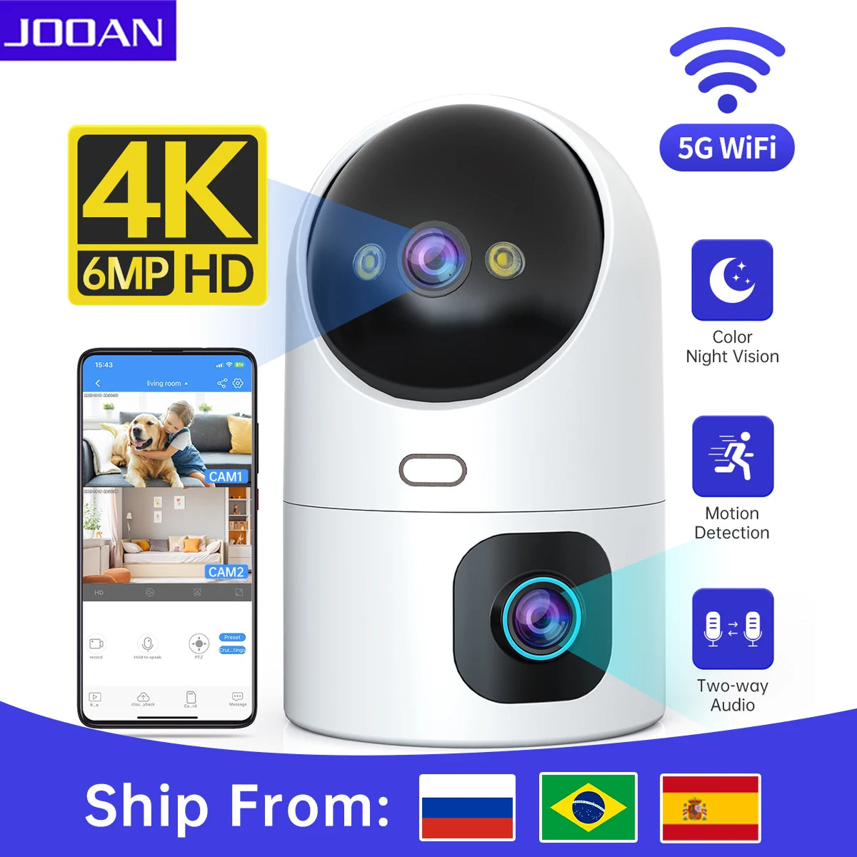 JOOAN 4K PTZ IP Camera 5G Wifi Surveillance Camera Dual Lens Dual Screen Home Auto Tracking CCTV Camera Security Baby Monitor